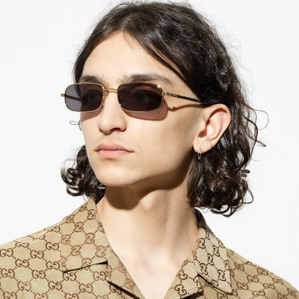 NEW Gucci GG1457S 001 Gold Grey Rectangle Metal Unisex Sunglasses GG 1457S